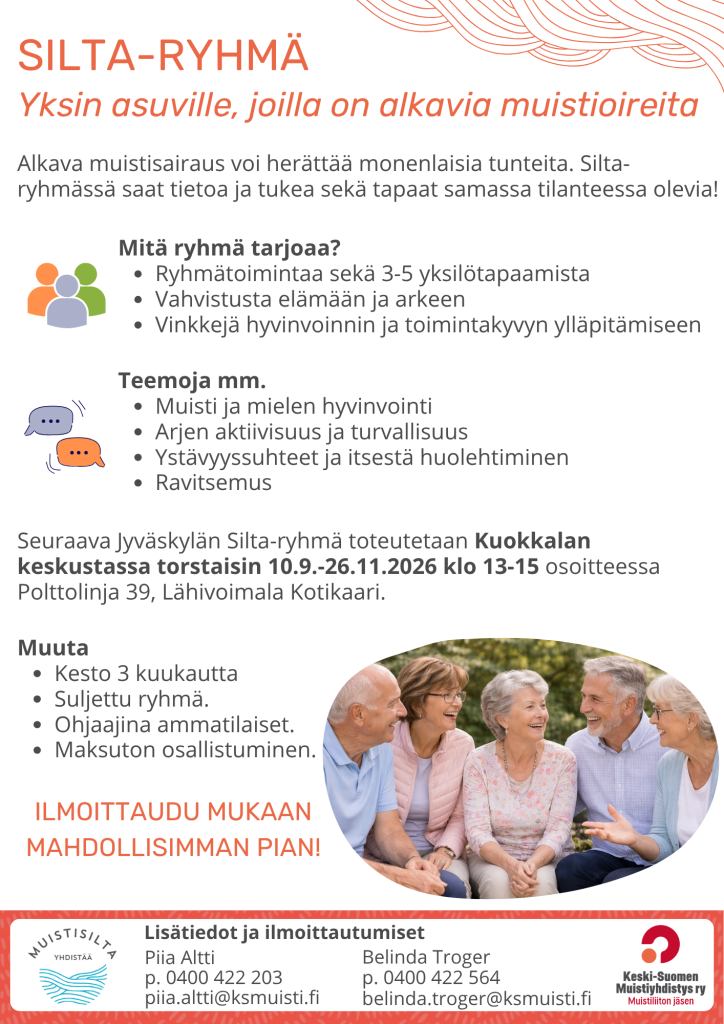 Silta-ryhmässä voit tavata muita yksin asuvia, joilla on muistioireita. Keskustelemme erilaisista arjen teemoista ja siitä, mitkä asiat tukevat toimintakykyä.