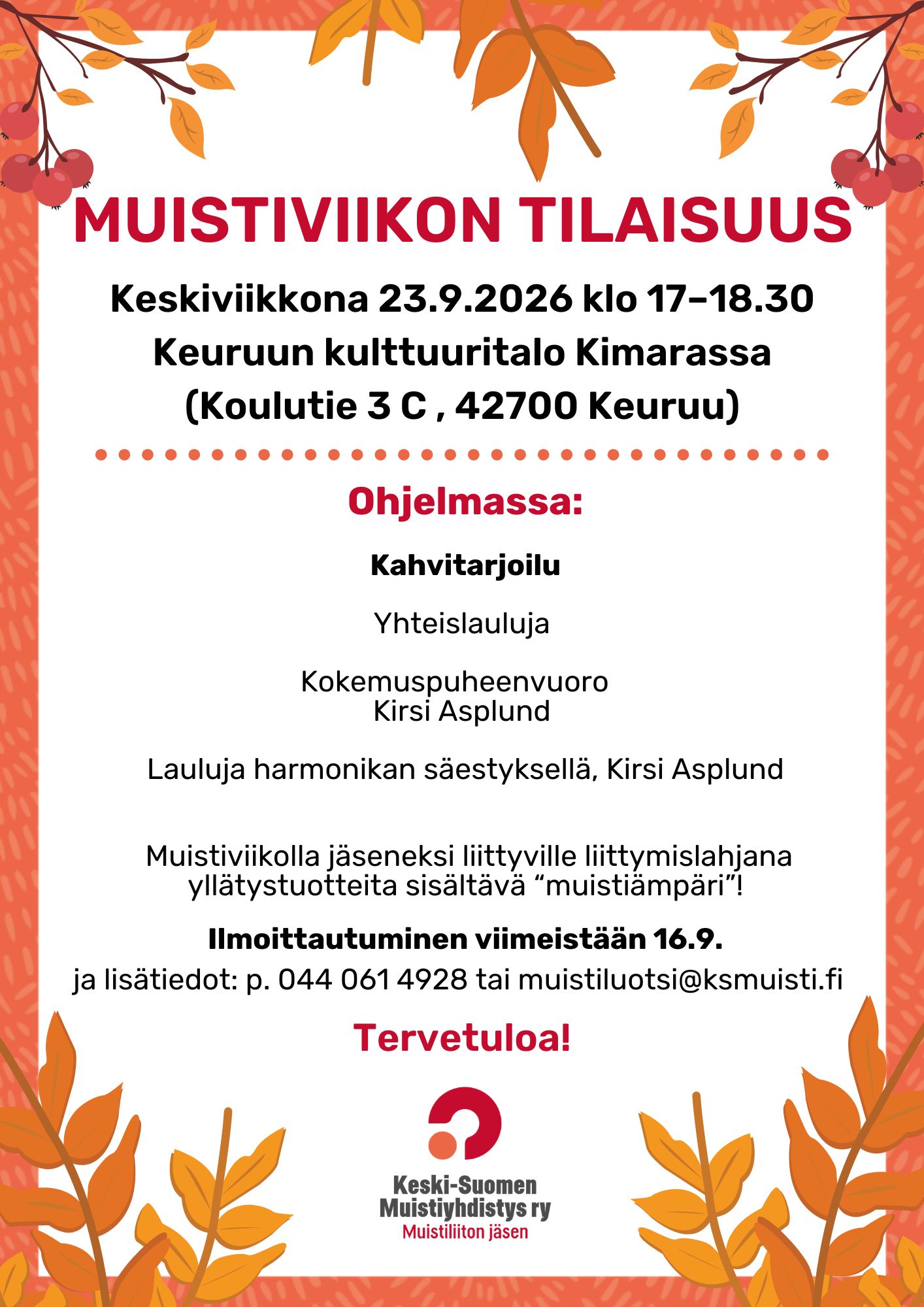 Muistiviikon tilaisuus 23.9. Keuruulla