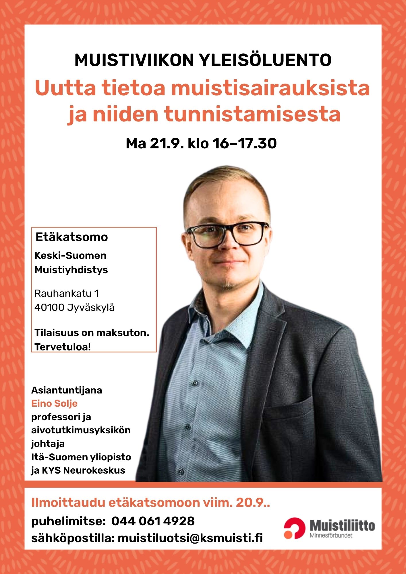 Kuva luennoitsija apulaisprofessori Eino Soljesta, Itä-Suomen yliopisto ja KYS Neurokeskus.