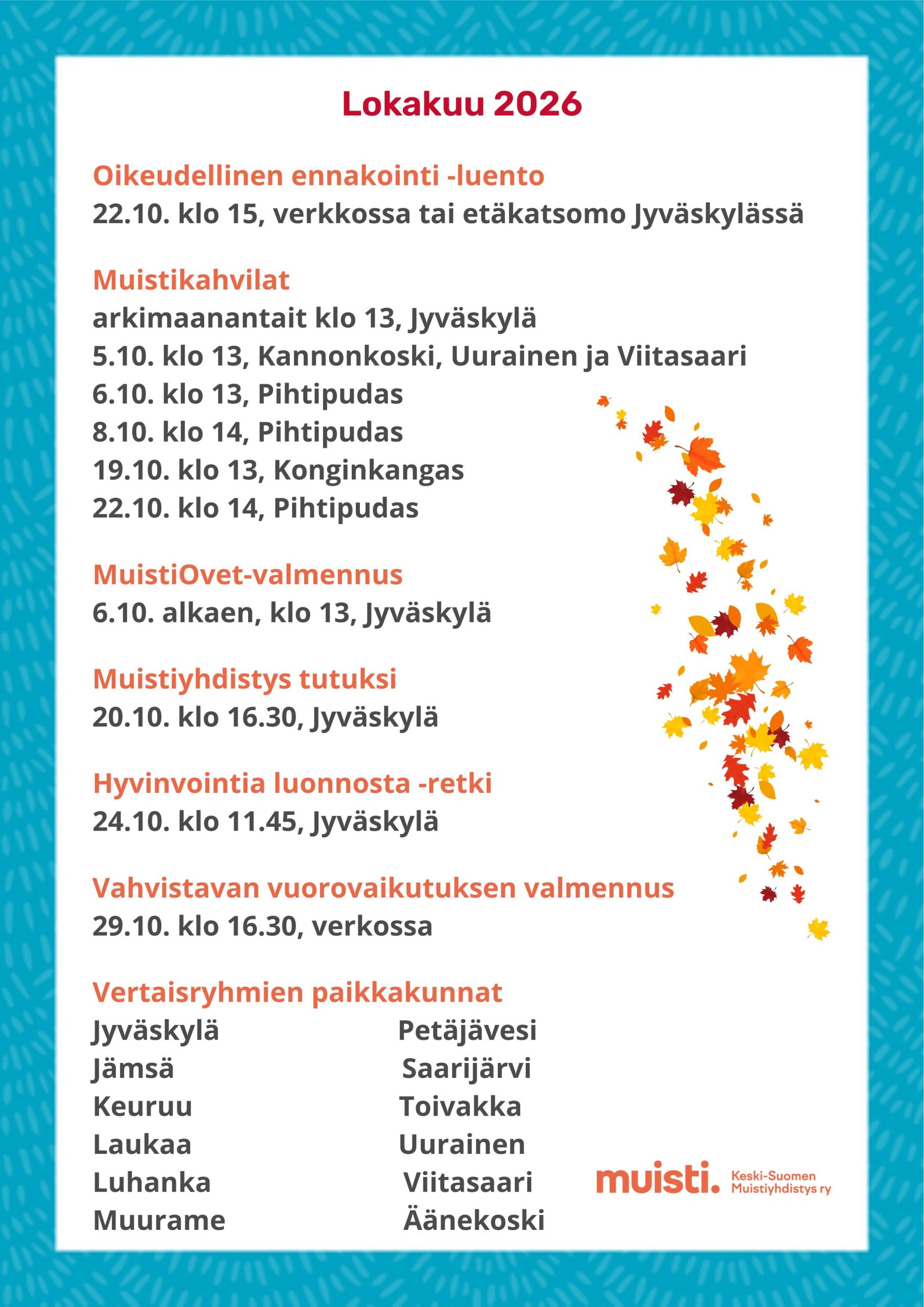 Lokakuun toiminta muistiyhdistyksellä