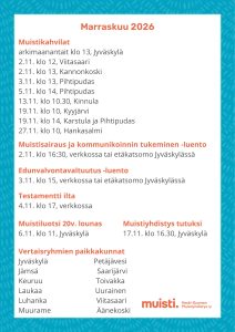 Marraskuun toiminta muistiyhdistyksellä