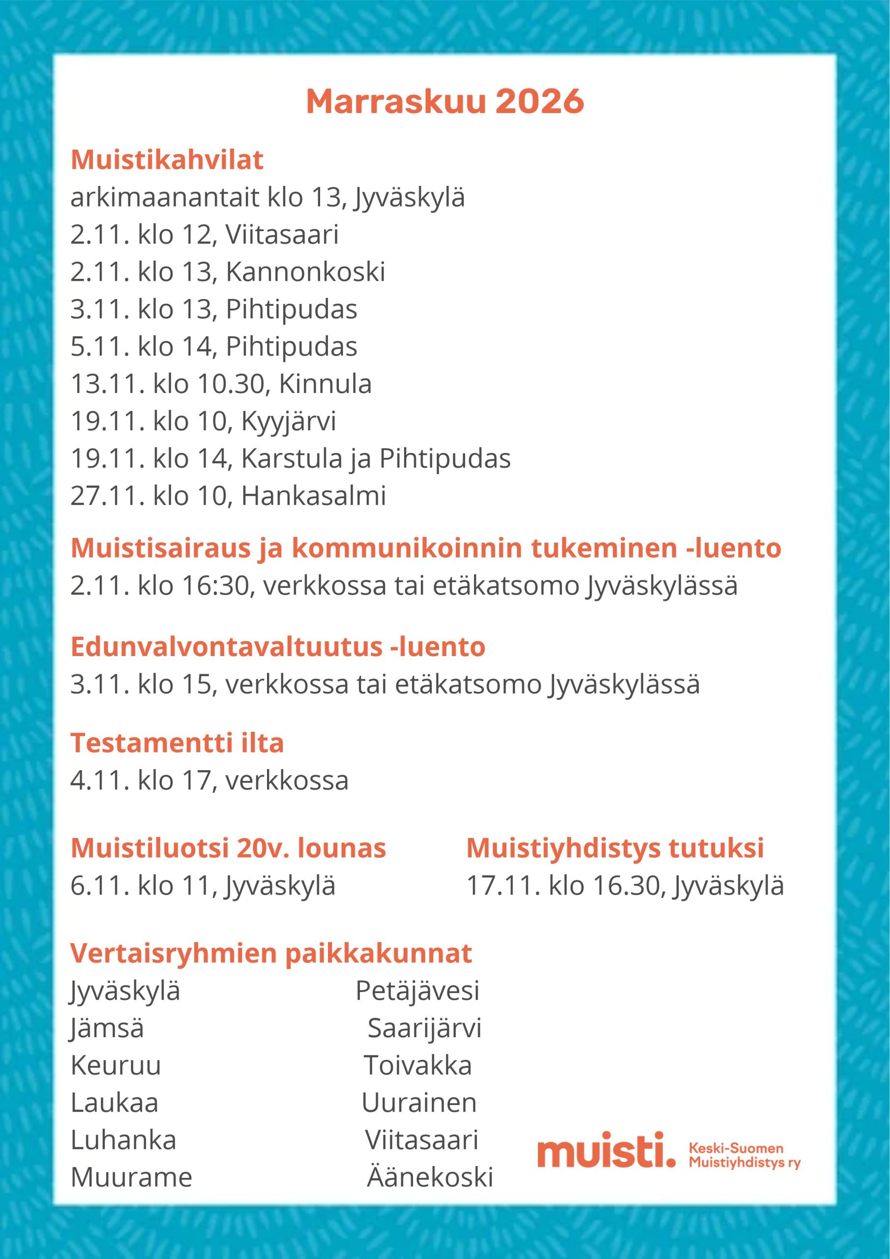 Marraskuun toiminta muistiyhdistyksellä